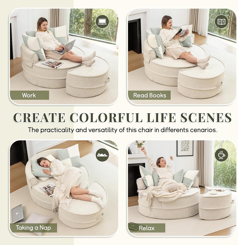 Modern Chaise Lounge Chair and Ottoman — Beige Velvet