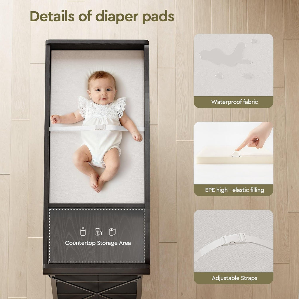 Baby Changing Table, 9 Fabric Boxes, Waterproof Pad, Mobile Nursery, Black | Baby Changing Table,Waterproof Diaper
