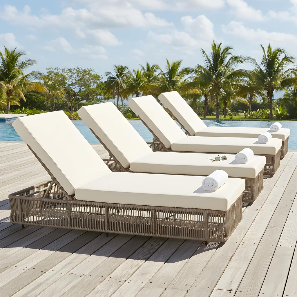 Set of 4 76.75"L Woven Rope Patio Chair Sun Lounge Recliner Chair with 5-Position Adjustable Backrest, Outdoor Metal