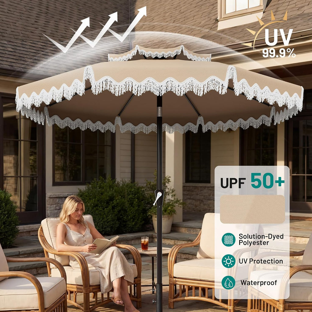9ft Patio Umbrella with Fringe Tassels, Wind-Resistant Fiberglass Ribs - Beige
