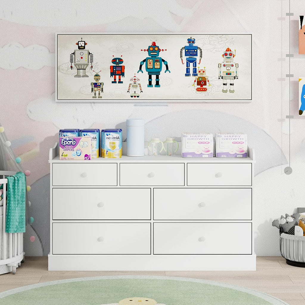 Kids Dresser Cabinet with 7 Drawers, Changing Table , White Chest of Drawers, Baby Dresser, Kids Bedroom Furniture