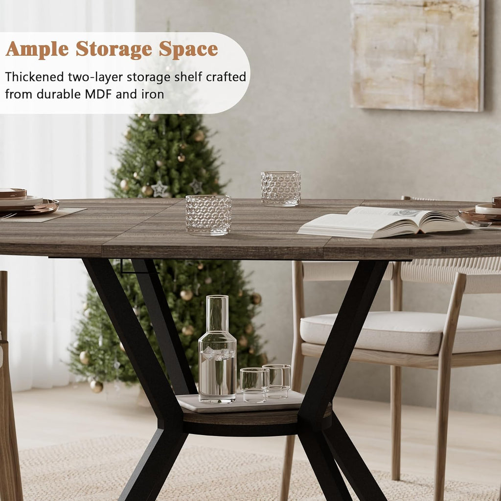 42"-58" Extendable Round Dining Table for 4-6, Kitchen Oval Table with Hidden Leaves & Storage Shelf, Space Saving