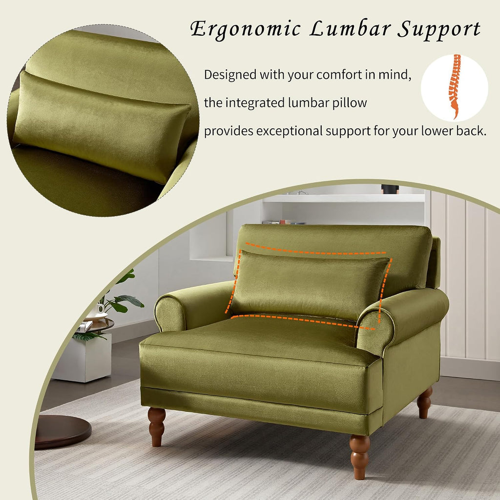 Oversized Velvet Accent Arm Chair with Roman Column Legs, Green | Upholstered Vintage Living Room Chair, Big Lounge