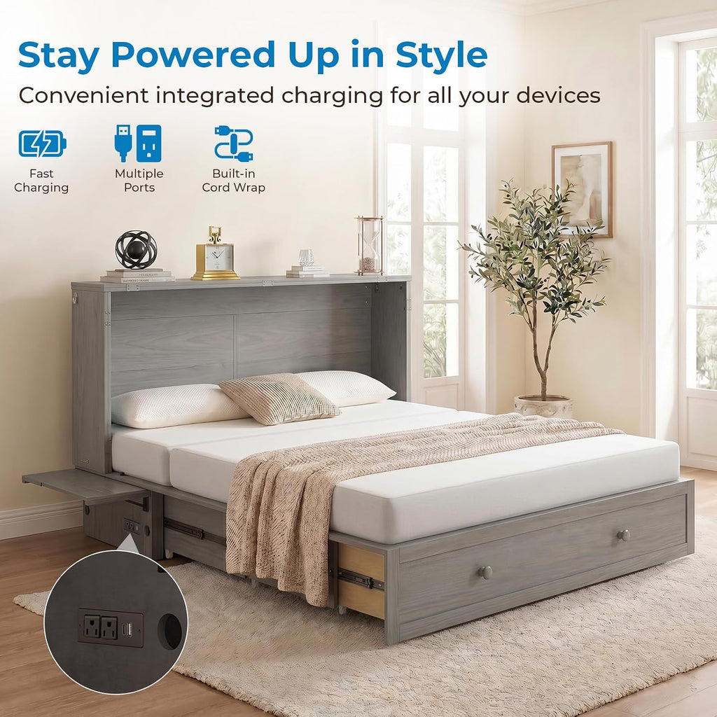 Queen Murphy Bed Cabinet with Tri-fold Mattress, Cabinet Bed with Built-in Charging Station, Storage Drawer, Solid