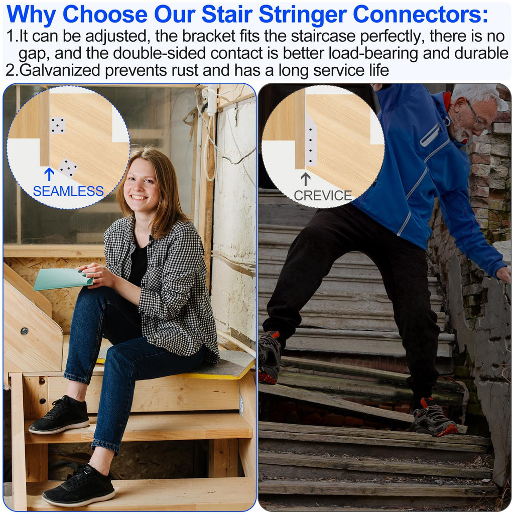 10Pcs Adjustable Stair-Stringer Connector, 18 Gauge Heavy Duty Stair Stringer Hanger Bracket, Strong Tie Straps