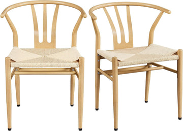 Weave Dining Chair Rattan Chair Metal Armchairs Hemp Seat for Kitchen, Dining, Living Room Set of 2, Wood Color