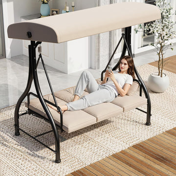 Porch Swing Chair with Adjustable Backrest&Canopy, 3 Seat Patio Swing with Canopy 2-in-1 Convertible Outdoor Swing