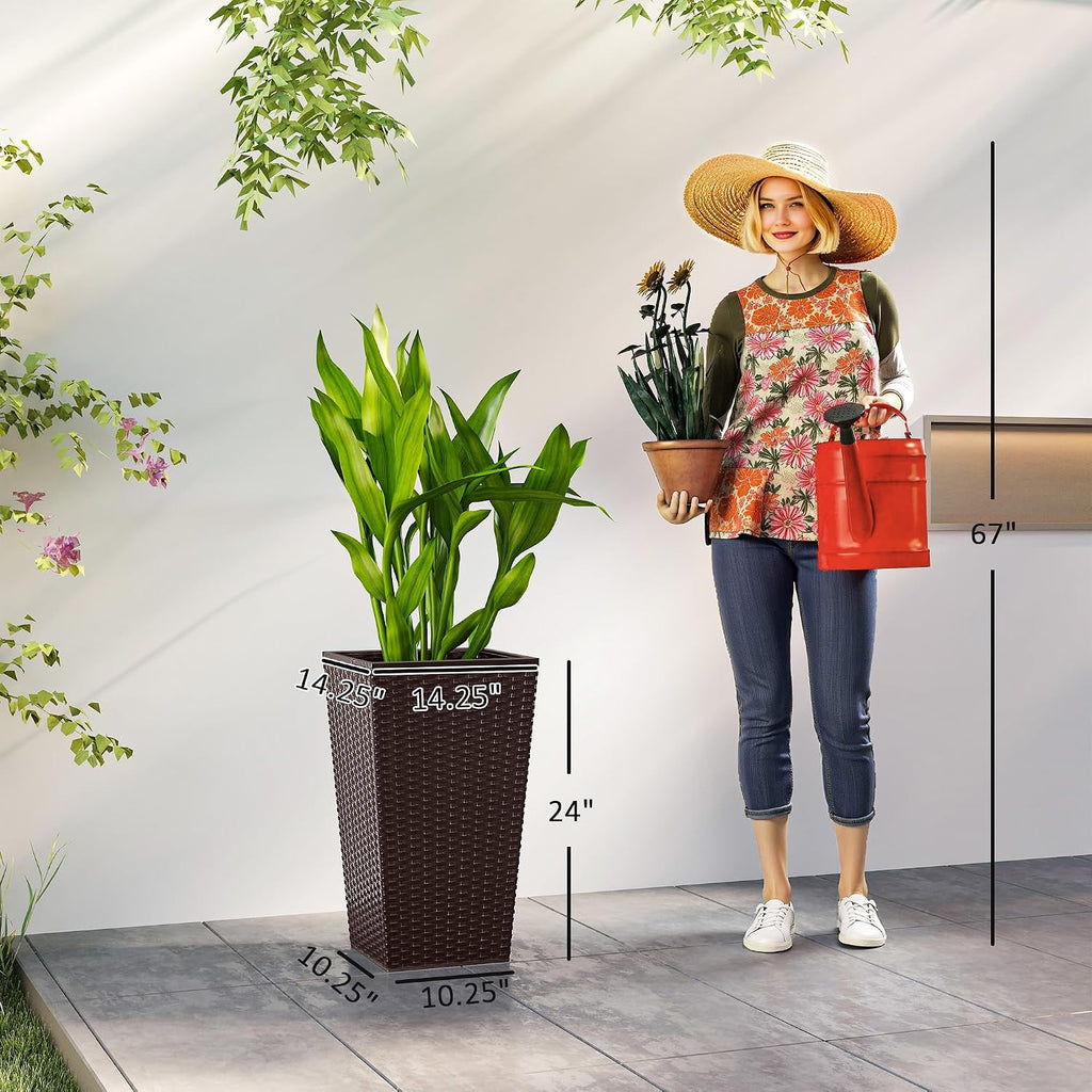 24 in Taper Tall Planters for Outdoor Plants Set of 3, Brown | with Drainage Holes, Rattan Decor Plant Pots, Indoor