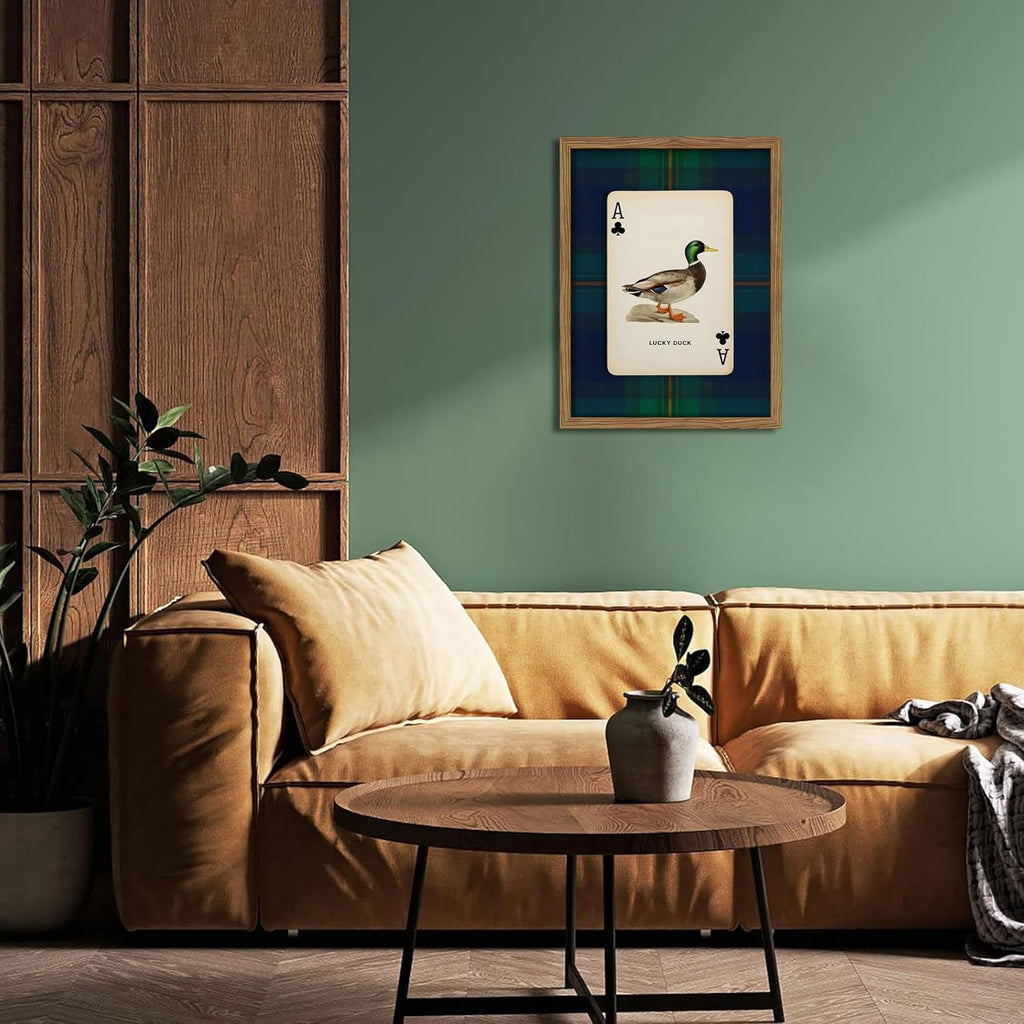 Framed Vintage Mallard Duck Wall Art, Country Lucky Duck Wildlife Poker Wall Decor Painting, Nature Rustic Farmhouse