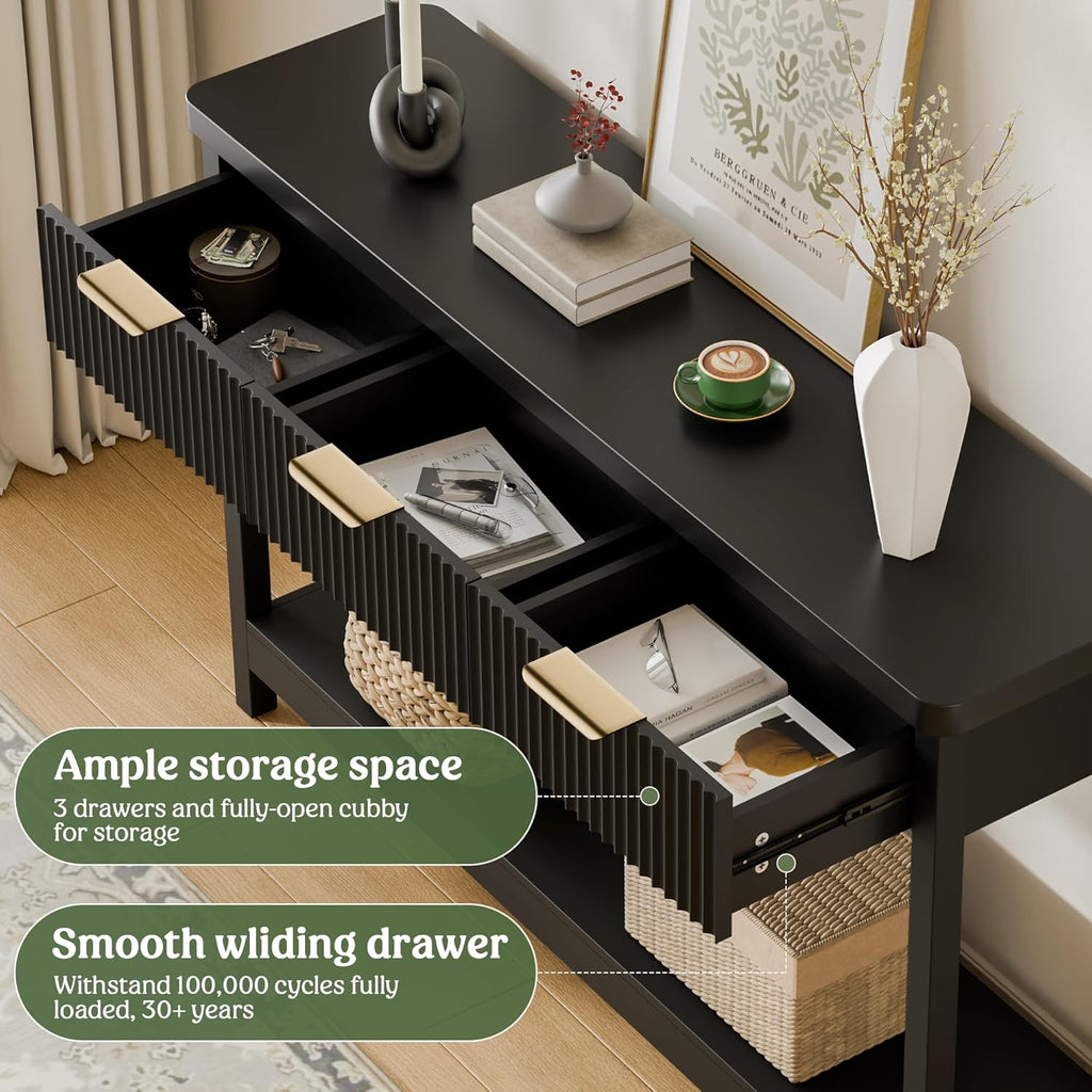 Fluted Console Table, 51 Inch Entryway Table with 3 Drawers | Scandi farmhouse look with quiet full-extension slides