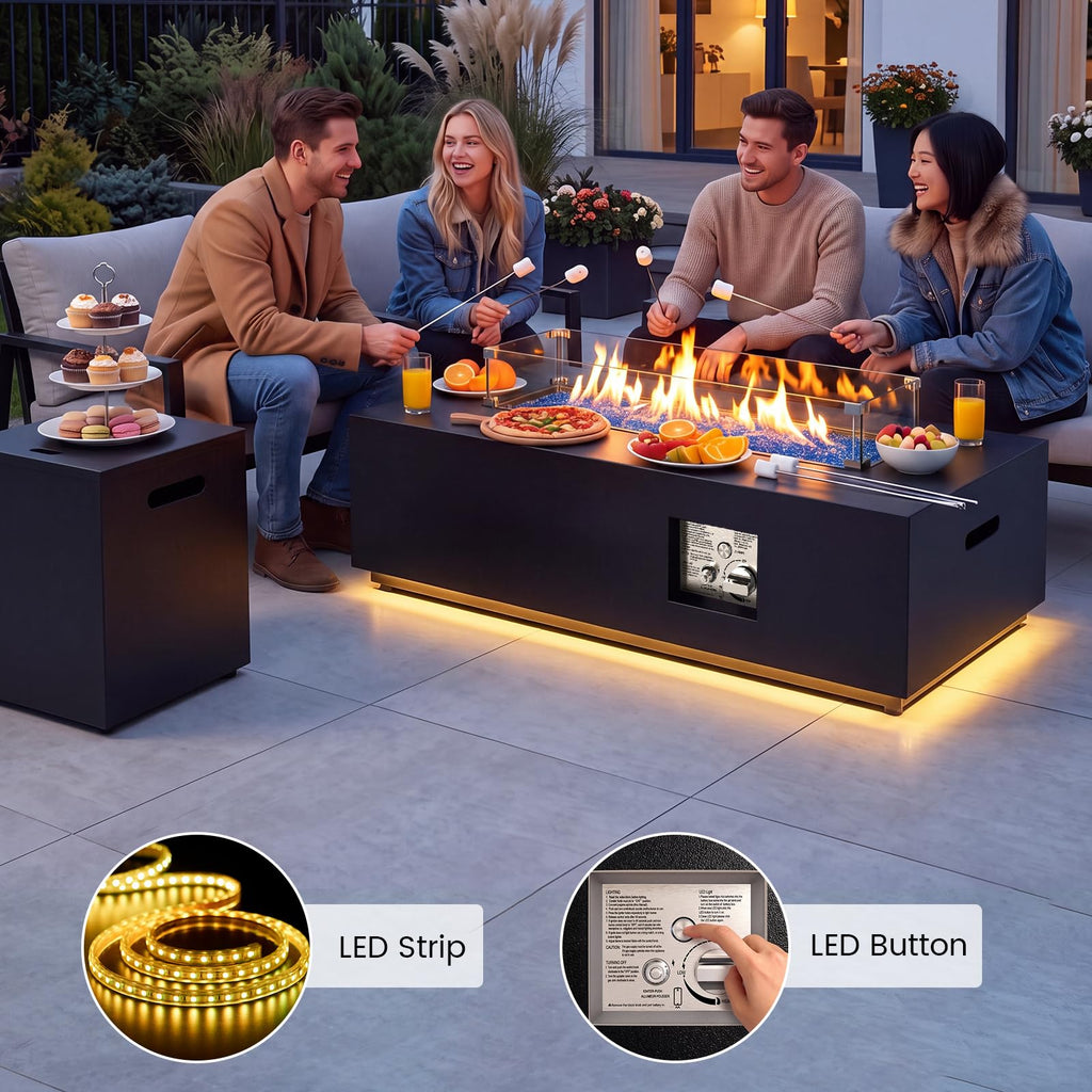 42" Rectangular Outdoor Propane Fire Pit Table with LED for Outside Patio