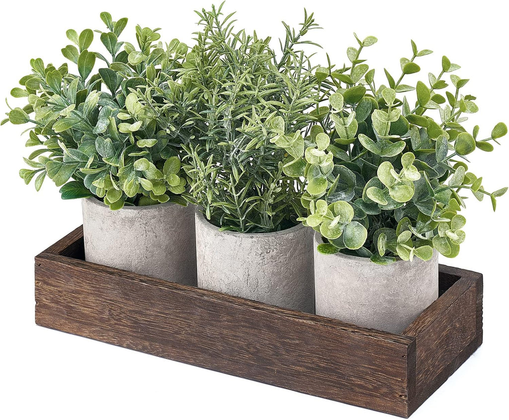 3 Pack Mini Potted Artificial Eucalyptus Fake Plants with Wood Tray Centerpiece Table Decorations, Farmhouse Pulp