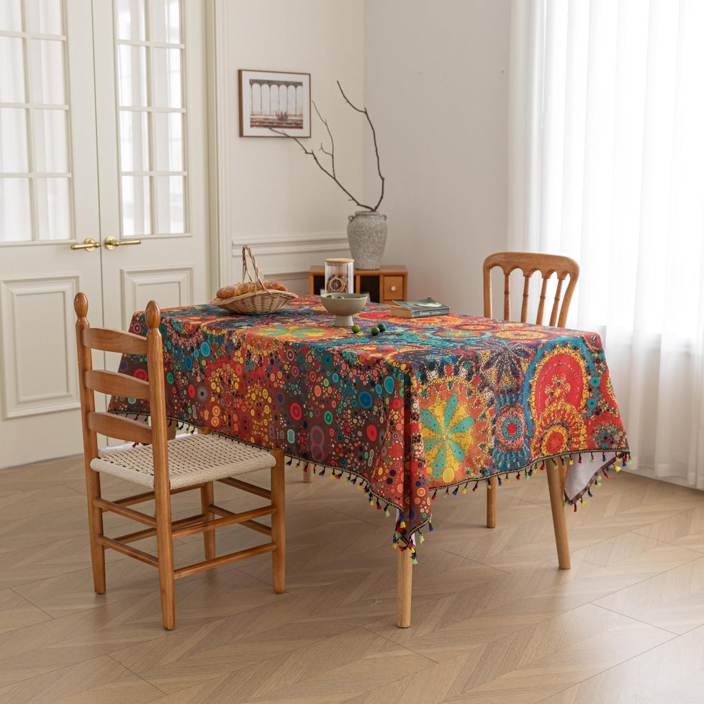 Boho Tablecloth for Square Tables, Fringed Edges with Geometric Pattern Tablecloths, Farmhouse Floral Table Cover Cloth