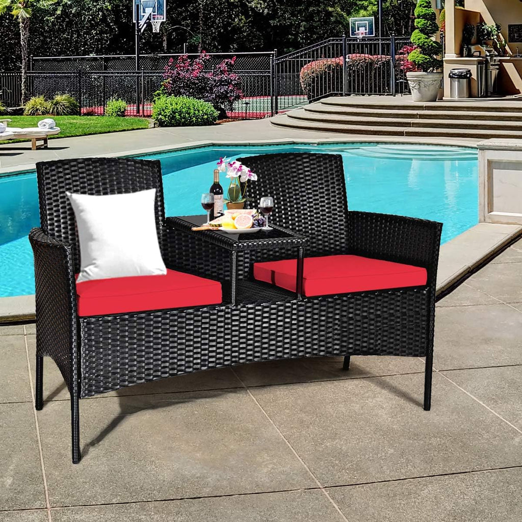 Wicker Patio Conversation Furniture Set, Outdoor Furniture Set with Removable Cushions & Table, Tempered Glass Top
