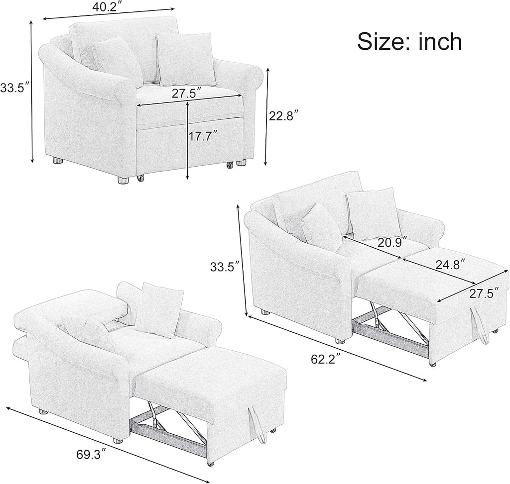 Convertible Sleeper Chair with Adjustable Backrest and Pillows, 3-in-1 Chenille Lounge Chair to Single Bed, Living