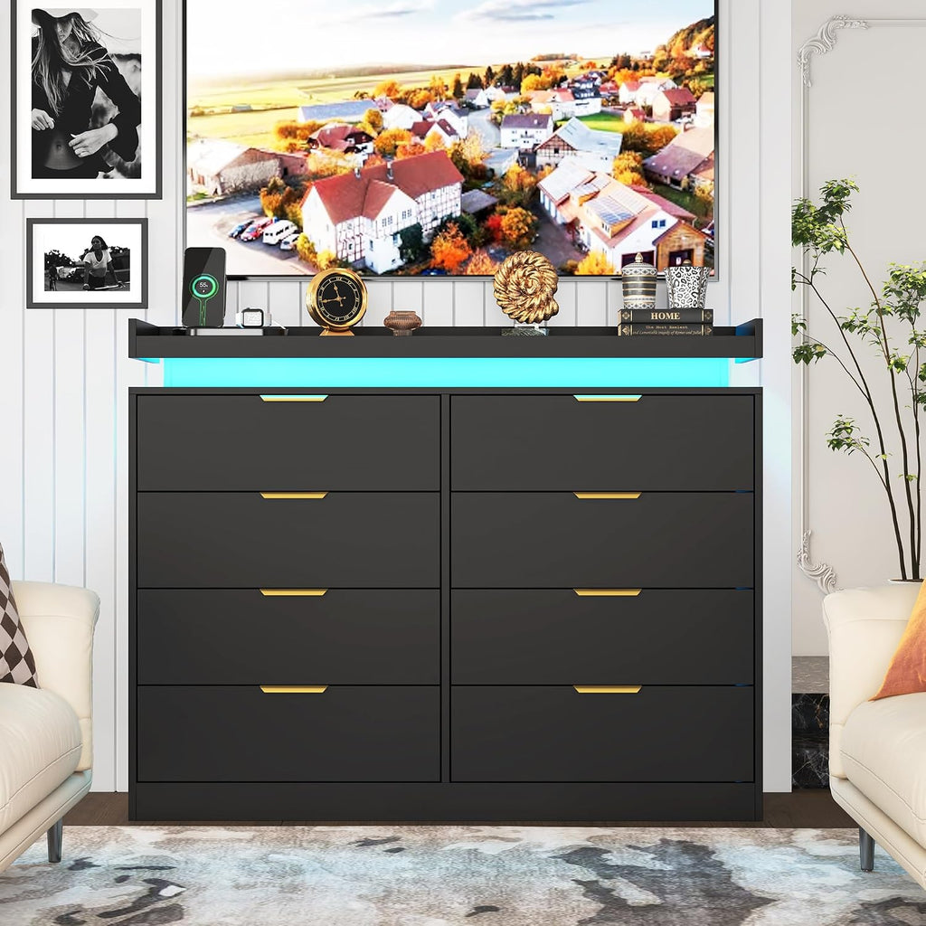 8 Drawer Dressers , Black Dresser with LED Lights and Power Outlet, Wood LED Dresser, Double Wide Modern Chest of