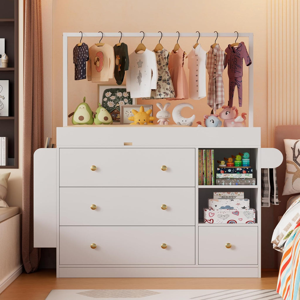 Modern Changing Table Dresser,Baby Dressing Table with 4 Drawers and Storage Shelves,Multi-Functional Baby Changing