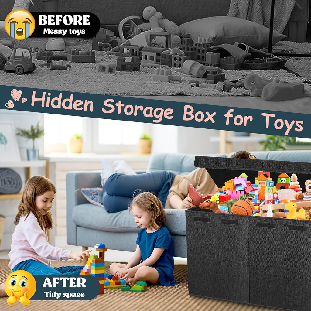 Extra Large Toy Box with Lids, Collapsible Storage Bin, 38"x16"x14",Black | Sturdy Chest Basket with Dividers for