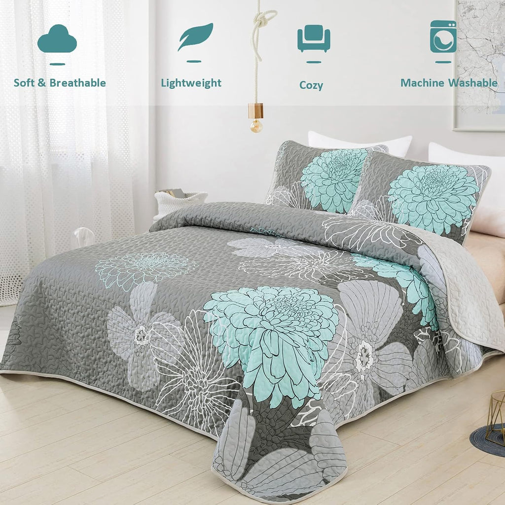 Green Floral Quilt Set - 3 Pieces Boho Flower Quilt Coverlet Elegant Bohemian Bedspread with 2 Pillowcases Soft