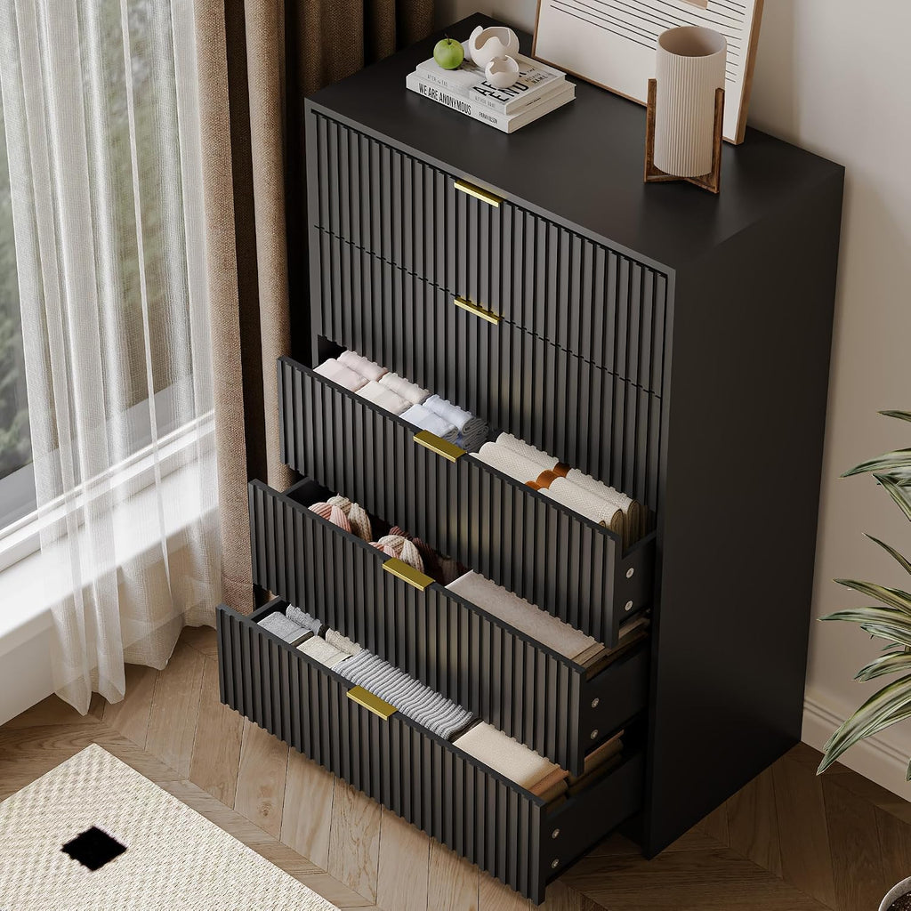 5 Drawer Dresser , Tall Dresser Chest of Drawers with Gold Handles, 32 Inch Wide Nightstand with s, Offices, and