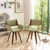 Swivel Dining Chair, Mid-Century Modern Faux Leather Chair with Armrests and Wood Legs, Green