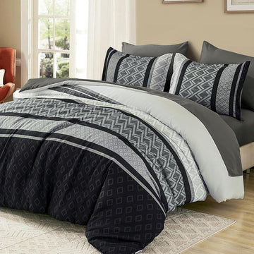 Boho Comforter Set King,Black Gray Striped Bed in a Bag - Set of 7