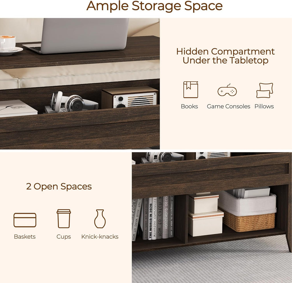 Lift Top Coffee Table with Hidden Storage Compartment & 2 Open Shelves
