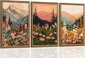Boho Landscape Mountain Floral Framed Canvas Wall Art, 3pc 16x24 In - Set of 3