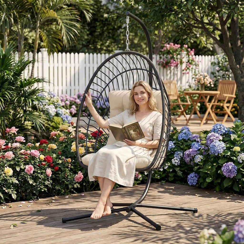 Hanging Egg Chair with Stand Indoor Outdoor, Foldable Rattan Wicker Hammock Egg Swing Chair Porch Patio Garden