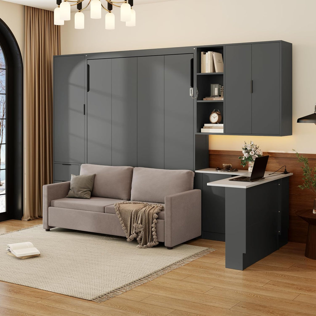 Queen Wall Murphy Bed with Upholstered Sofa & Desk, Solid Wood Foldable Platform Bed Frame with LED/USB Charging