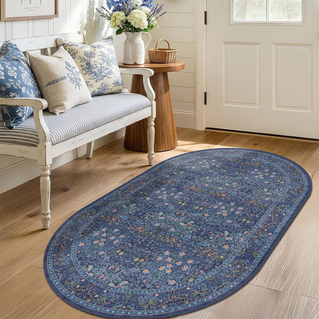 Vintage Dark Blue Oval Area Rug 3x5 Bedsdie, Entryway, Washable Rug, Laundry Room, Boho Non-Slip Low Pile Ultra Soft