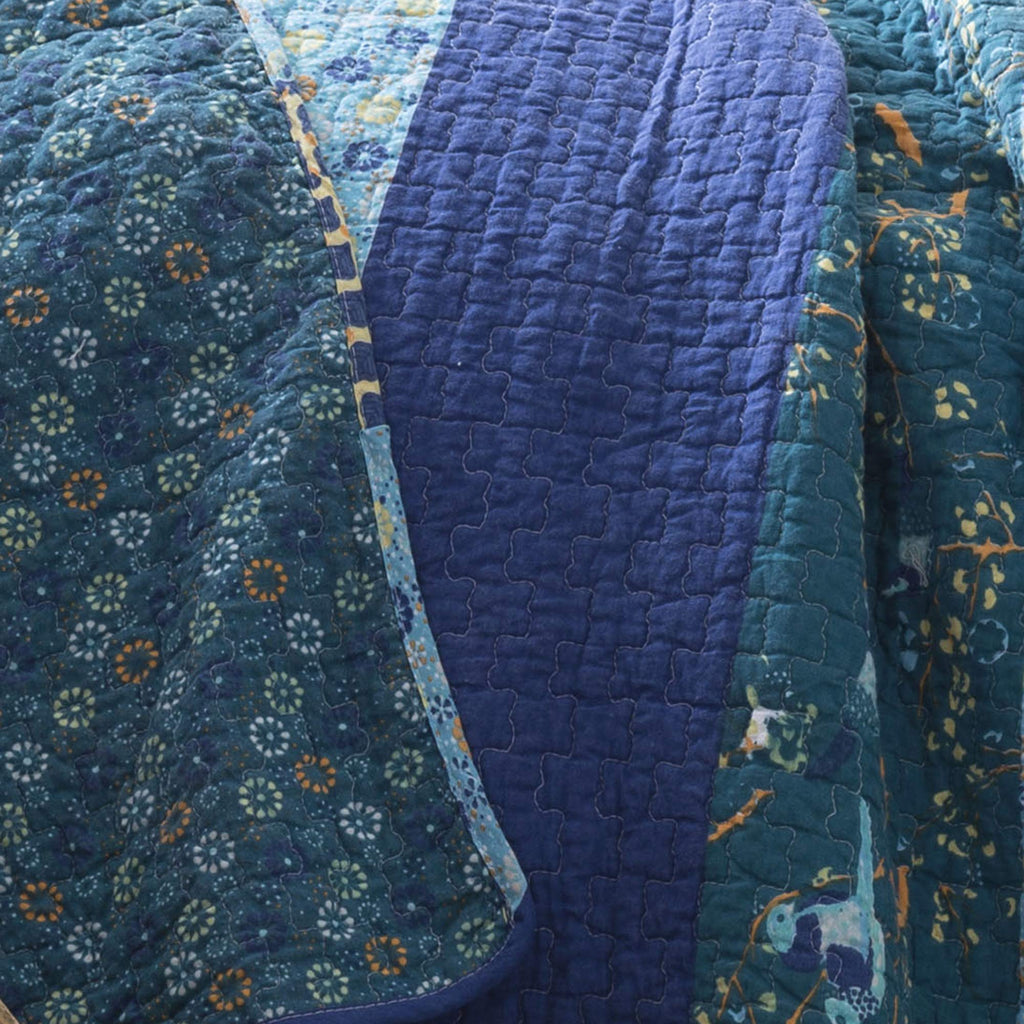 Royal Empire Reversible Cotton Quilt Set, 3 Piece Set, Peacock - Striped Bedding Set - Floral Quilt