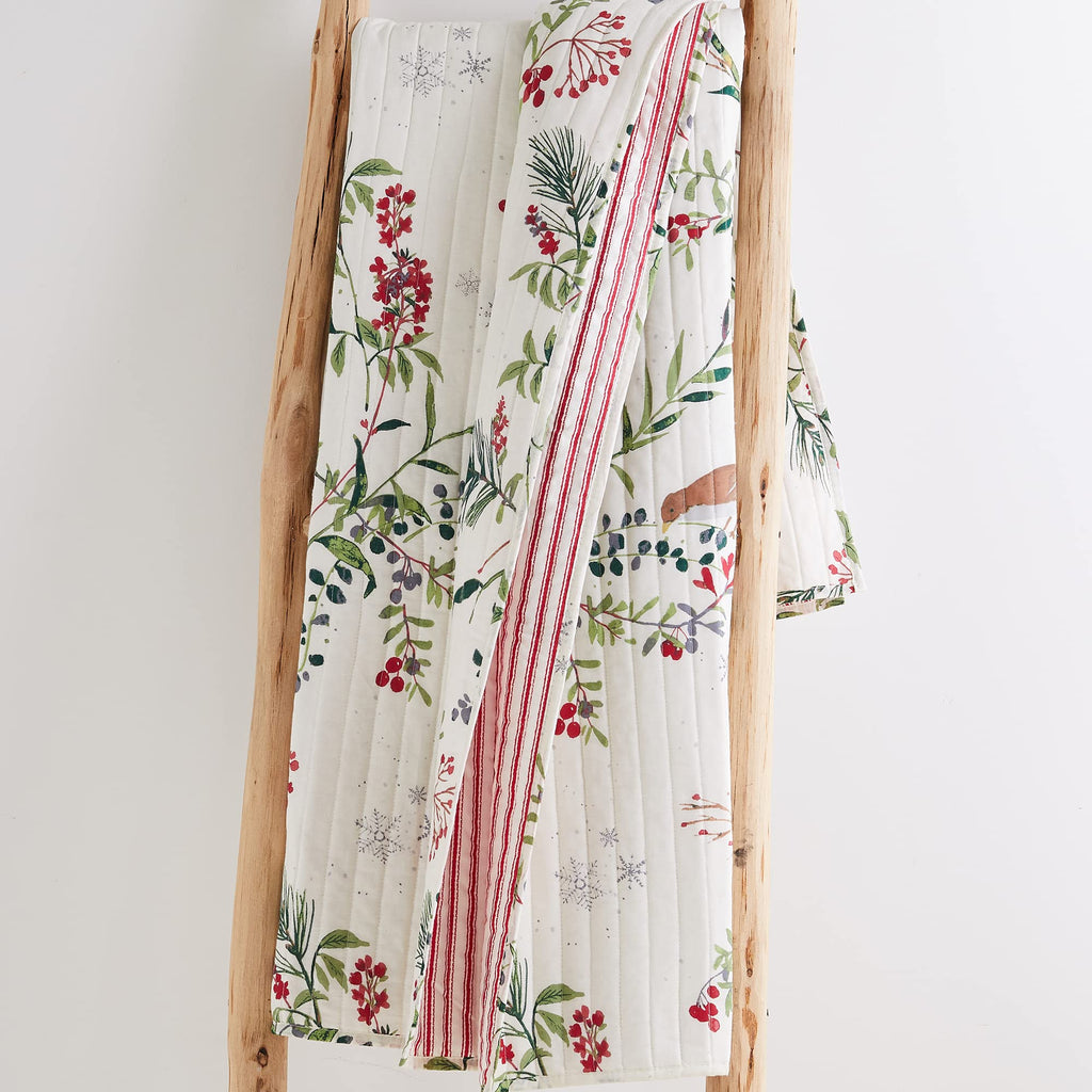 Winterberry Forest - Throw - Green, Red, Grey and Cream - Quilted Throw (50x60in.) - Cotton/Polyester