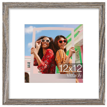 12x12 Picture Frame, Matted for 8x8 Photos, Rustic Grey