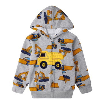 Toddler Boys Full Zip Excavator Hoodies Kids Gray Cotton Sweatshirt Lightweight Spring Fall Winter Jackets (073)