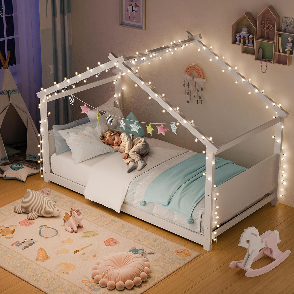 Tw Bed, Montessori Floor Bed with Headboard & Footboard, Solid Wood Bed Frame for Toddlers Kids Bedroom, White