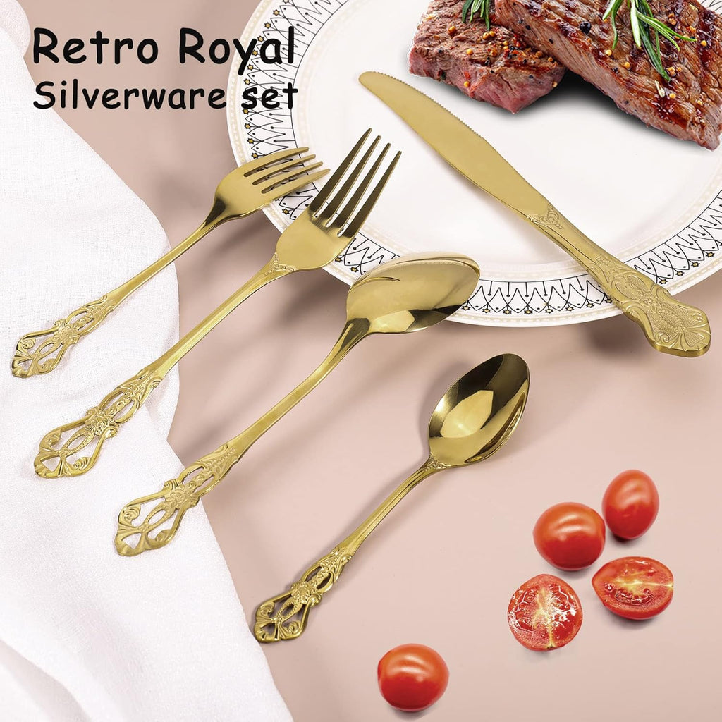 Gold Silverware Set for 8, Stainless Steel Gorgeous Retro Royal Flatware, 40-Pieces Cutlery Tableware