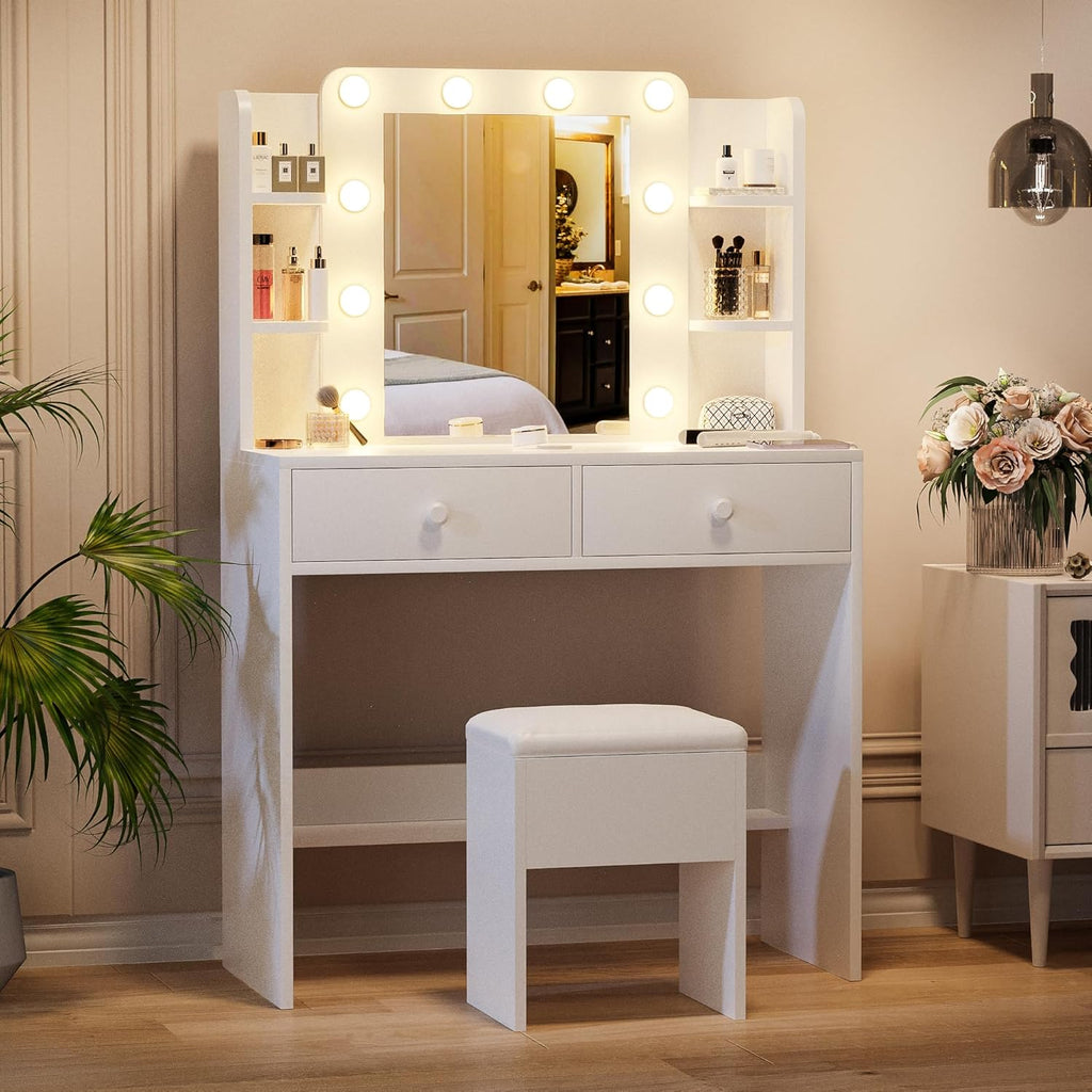 Makeup Vanity Desk with Lighted Mirror and Chair Set, White | 10 LED Light Bulbs, 3 Lighting Modes, Built-in Power