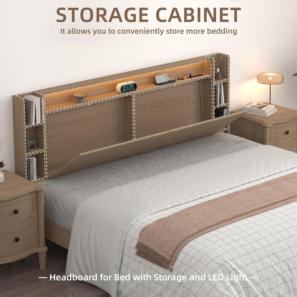 King Wall Mount Solid Wood Leg Headboard with Storage | Headboard Only,USB Charging,Rgb Light,Modern