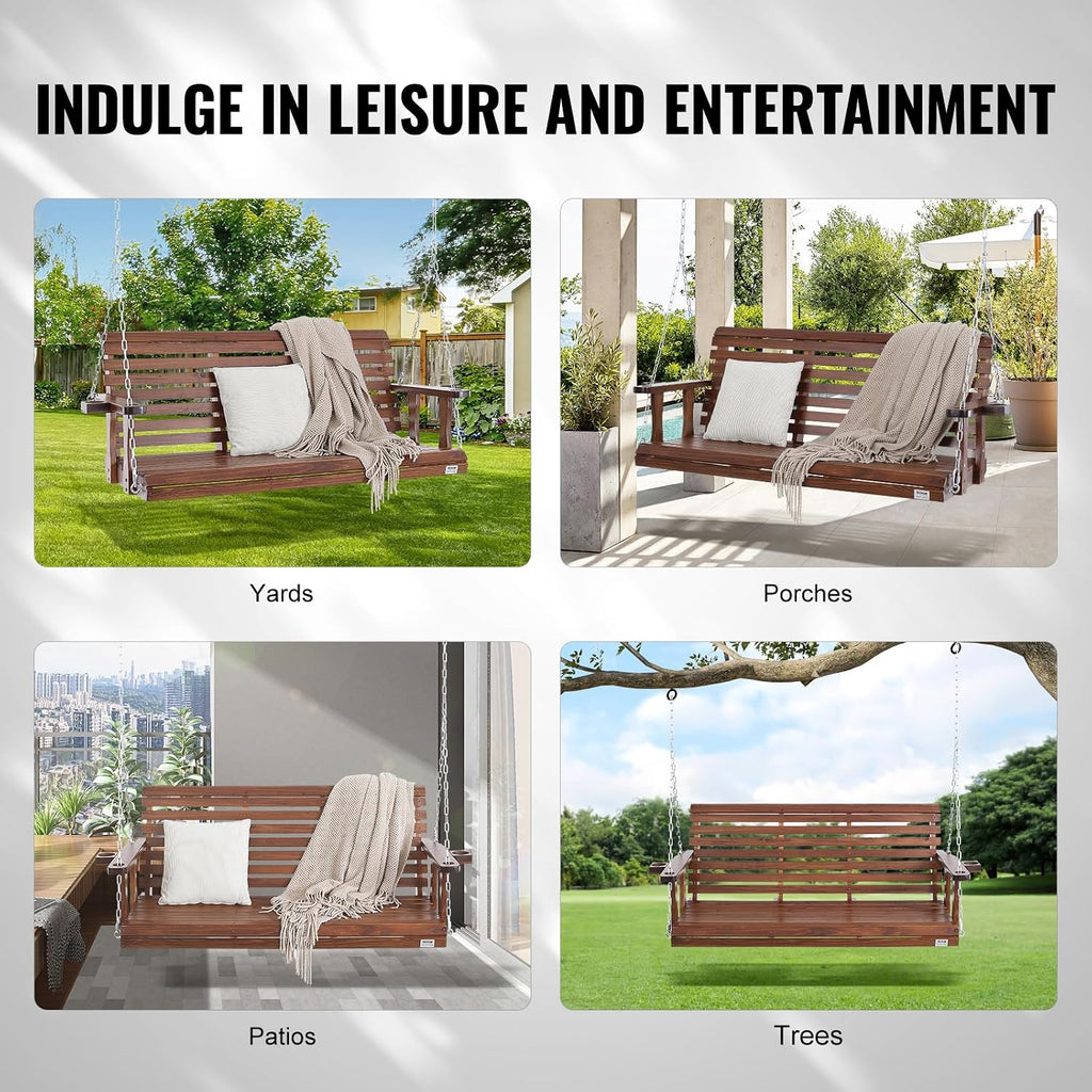 Wood Porch Swing 5.5FT, Patio Bench Swing for Courtyard & Garden, Upgraded 880 lbs Strong Load Capacity, Heavy Duty