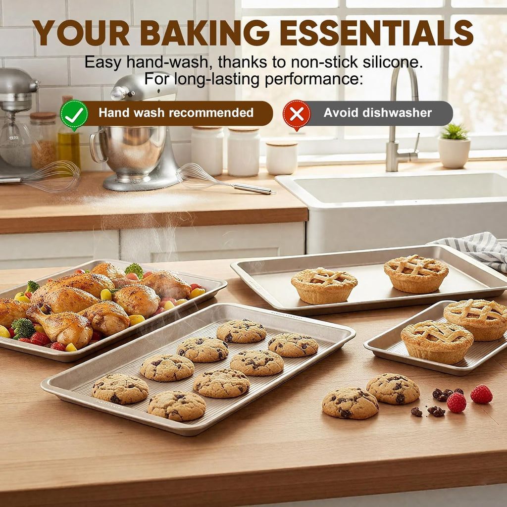 Nonstick Sheet Pan Set of 3, Heavy Duty Cookie Sheets for Oven with Stripe Texture Pattern, 0.6mm Thick