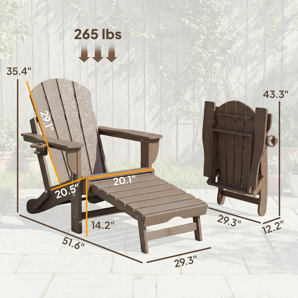 Folding Adirondack Chair Set of 2 with Retractable Ottoman Brown | Outdoor HDPE Fire Pit Chair, Cup Holder, Large