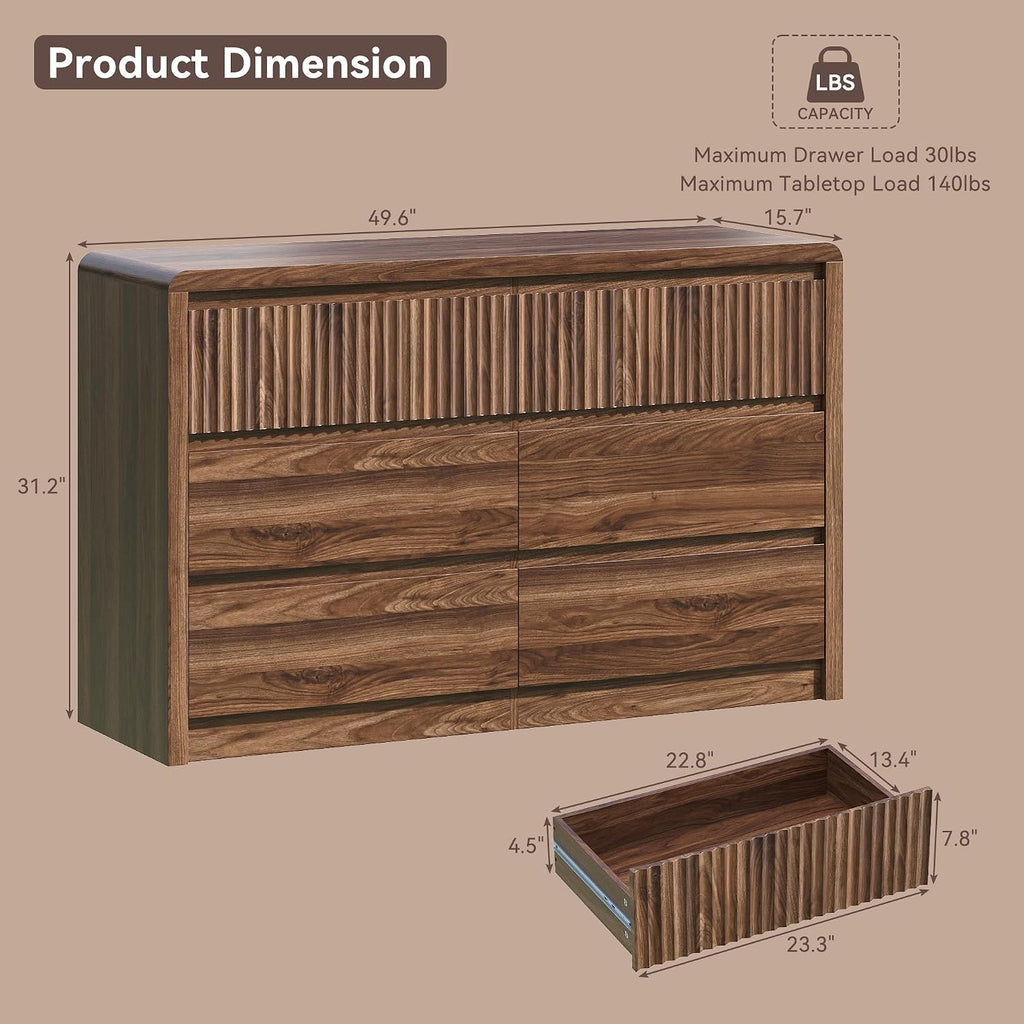 Fluted 6 Drawer Dresser , 50" Wide Dresser & Chest of Drawers with Curved Profile Design, Wood Mid Century Dressers