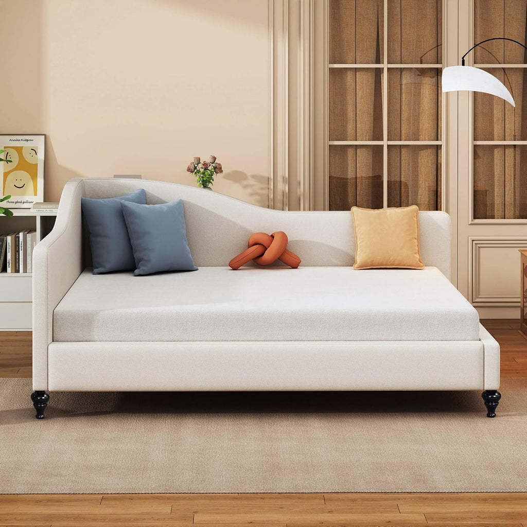 Full Bed Frame Daybed, L-Shaped Linen Corner Sofa with Solid Wood Legs & Guest Room, No Box Spring Needed, Beige