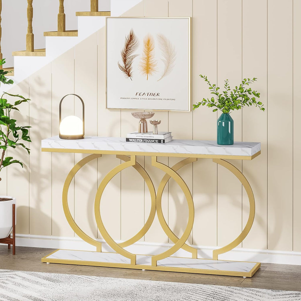 Gold Console Table, 55 inch Modern Entryway Table with Geometric Metal Frame, Faux Marble Narrow Long Sofa Table