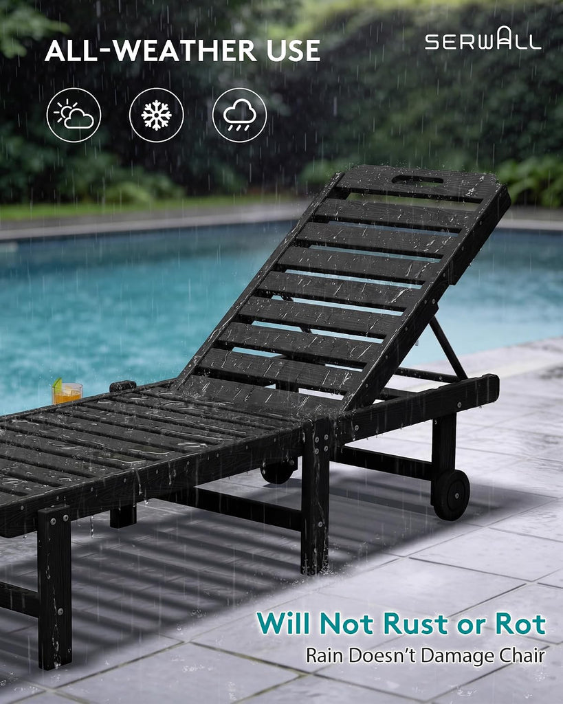 HDPE Outdoor Chaise Lounge Set of 2 with Cup Holder & Wheels, Black | Weather-resistant chaise lounge resists fading
