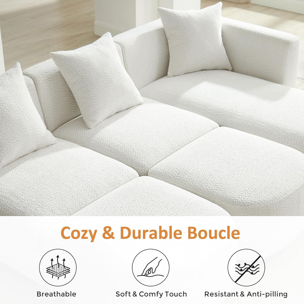 109.84" Modular Sectional Sofa with 3 Pillows, Convertible 5-Seater Comfy Boucle Cloud Couch with Ottoman