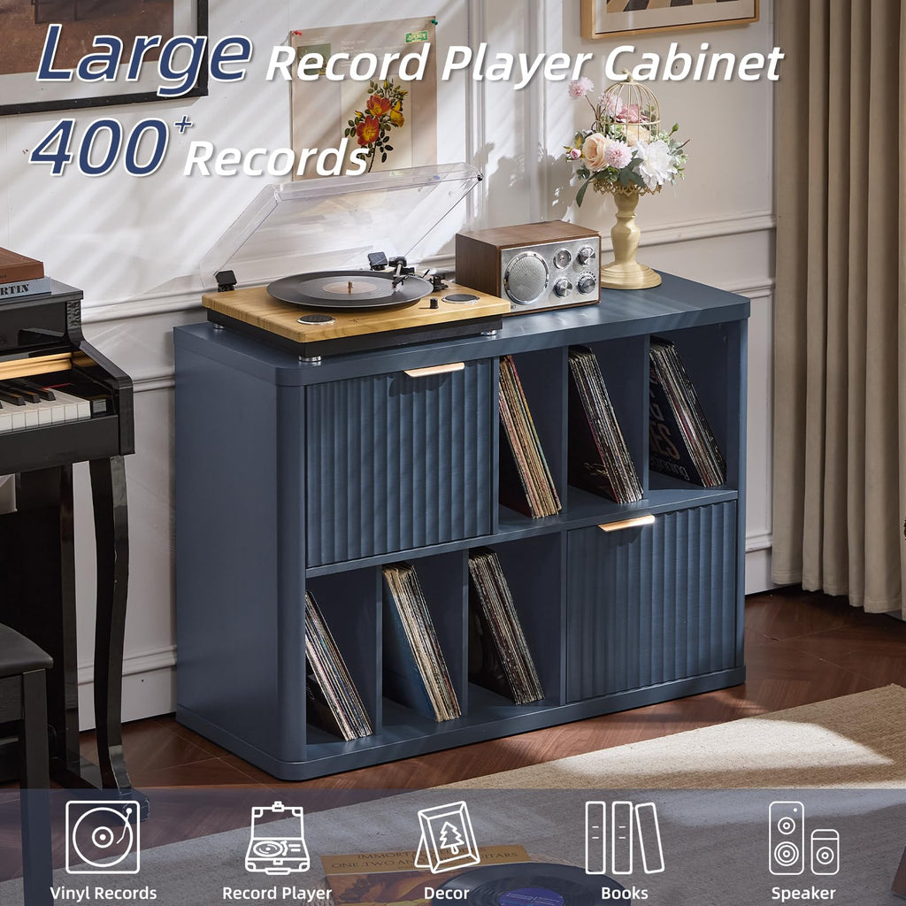 Large Record Player Stand with Vinyl Storage, 39.5" Modern Wood Records Storage Cabinet for Speakers, Mid Century