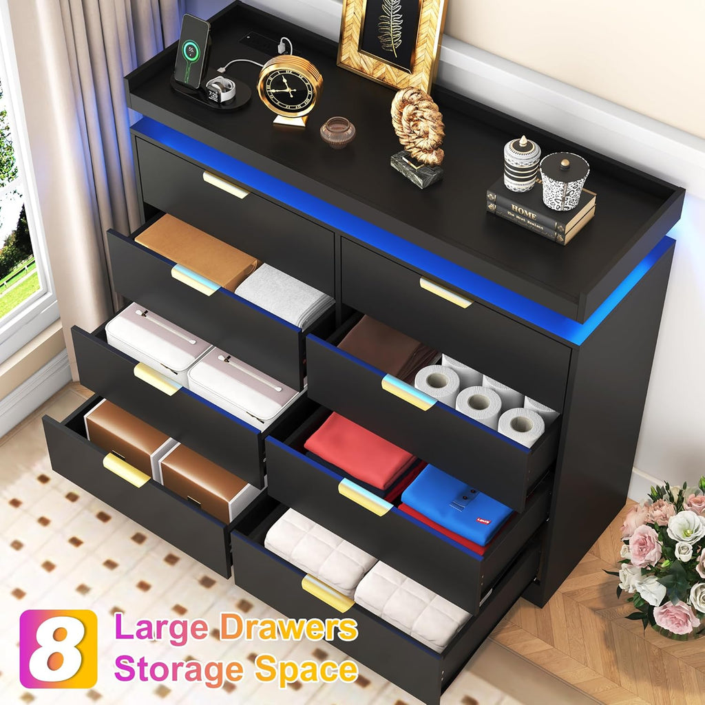 8 Drawer Dressers , Black Dresser with LED Lights and Power Outlet, Wood LED Dresser, Double Wide Modern Chest of