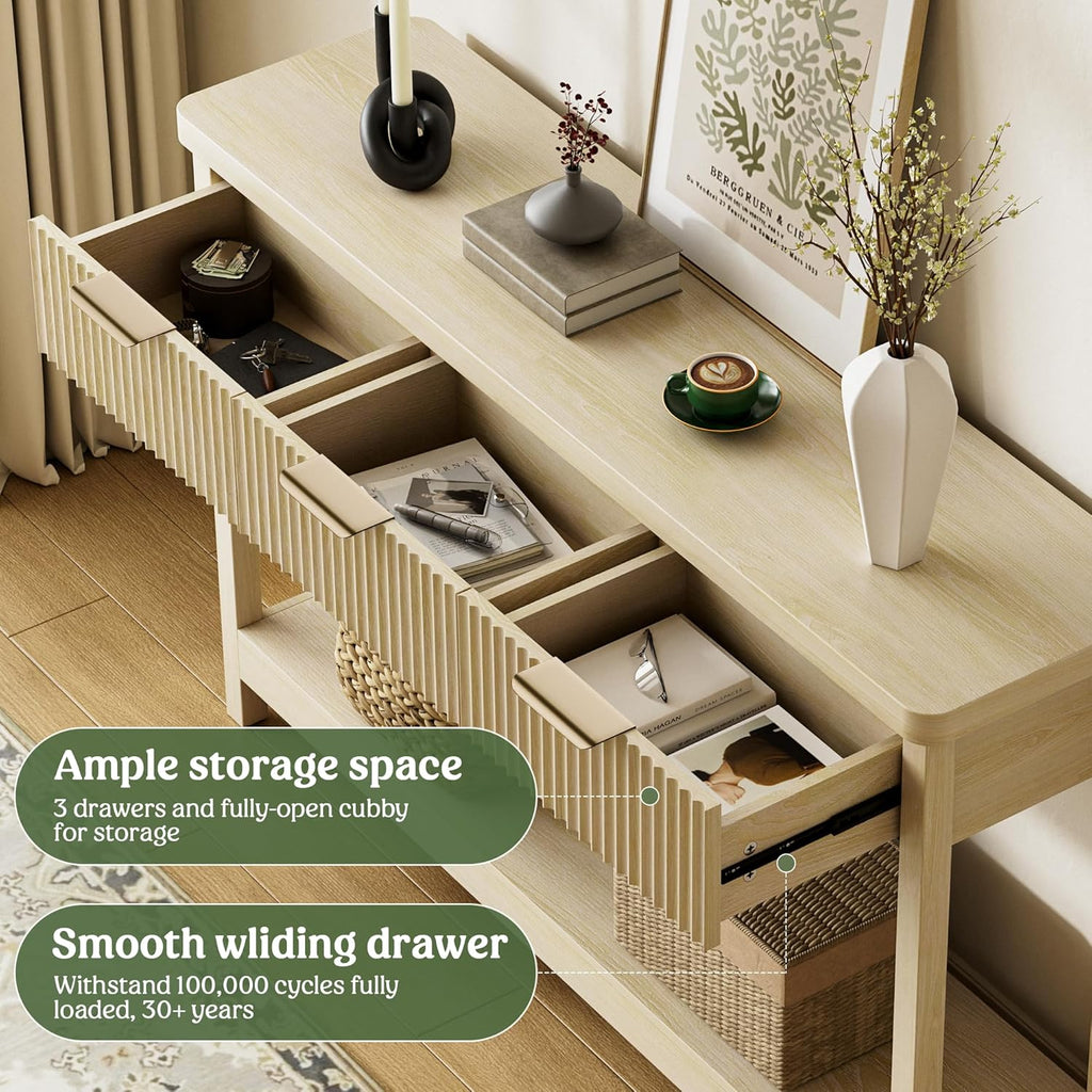Fluted Console Table, 51 Inch Entryway Table with 3 Drawers | Scandi farmhouse look with quiet full-extension slides
